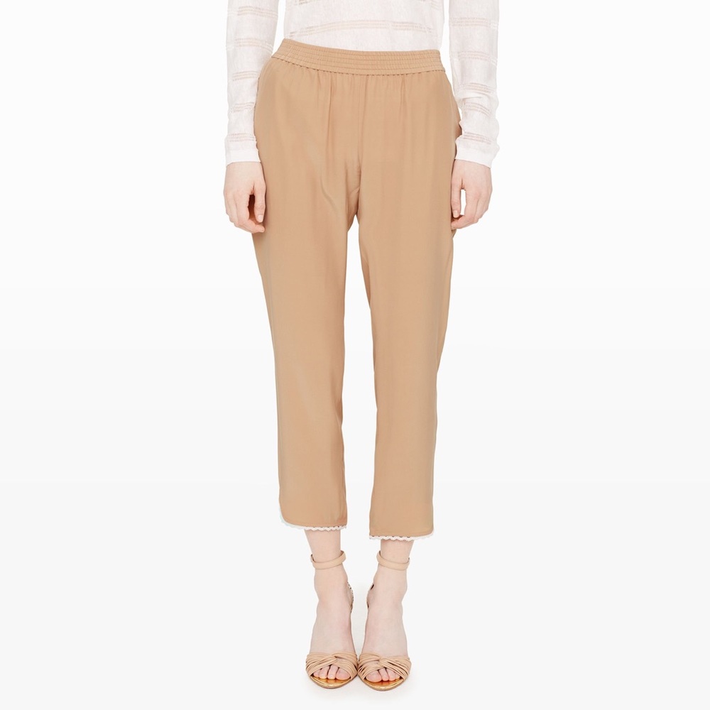 CLUB MONACO Silk Cropped Lace Trim Pants Tan 8